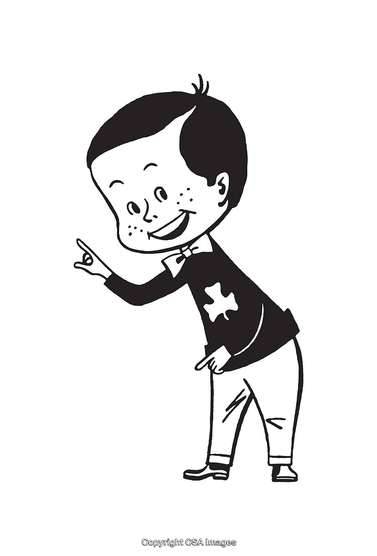 Smiling Child Pointing in Black and White Line Art Illustration