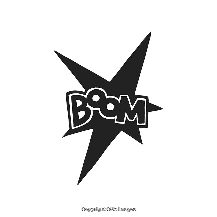 Comic Style Boom Text with Starburst Shape in Black and White Design
