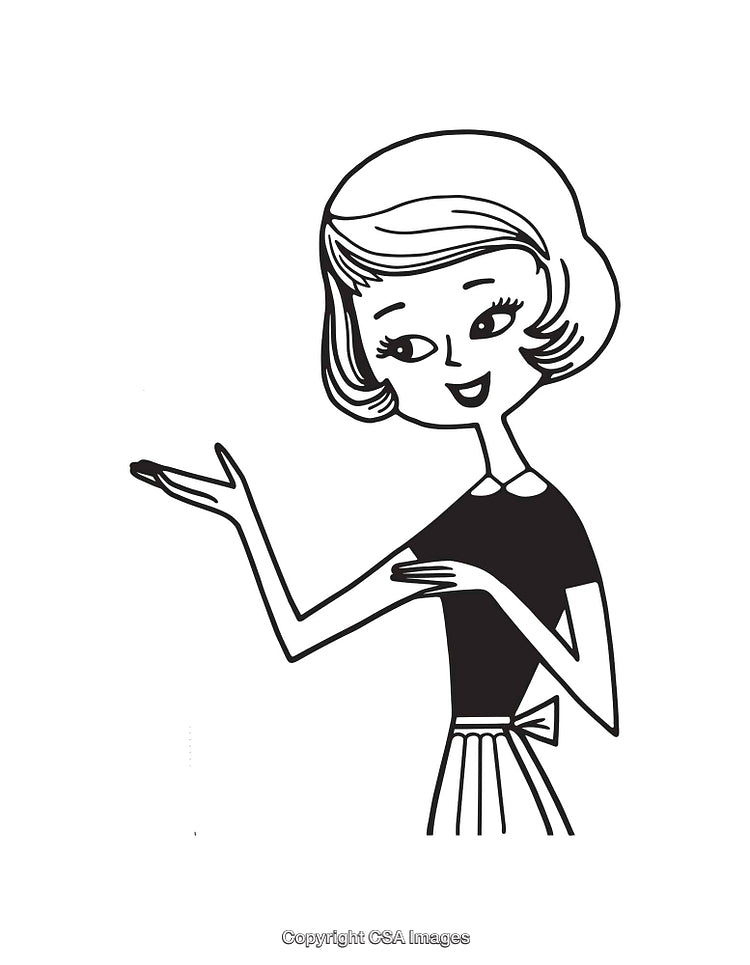 Charming Retro Black and White Line Art of a Woman Gesticulating