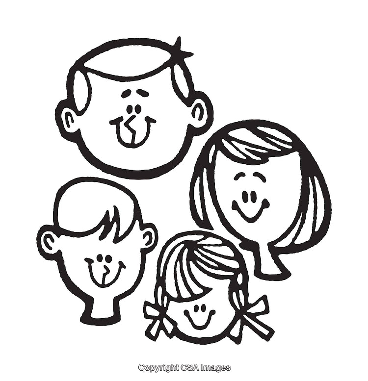 Cartoon Line Art Illustration of a Happy Family Together