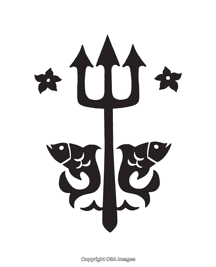 Black and White Trident Emblem With Fish and Decorative Elements