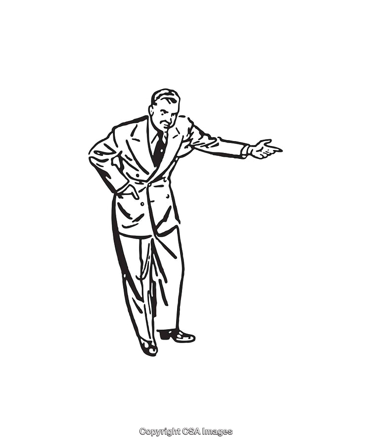 Vintage Line Art Illustration of a Man in a Formal Suit Gesturing