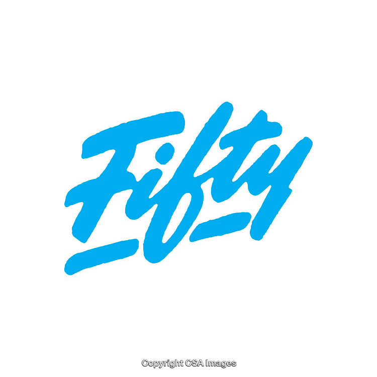Stylish Blue Typography Featuring the Word Fifty in Script Font