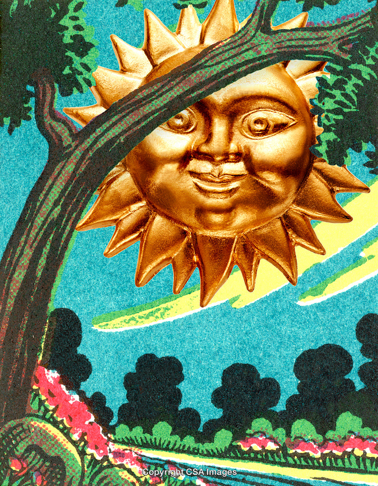 Artistic Depiction of a Smiling Sun in a Vibrant Nature Scene
