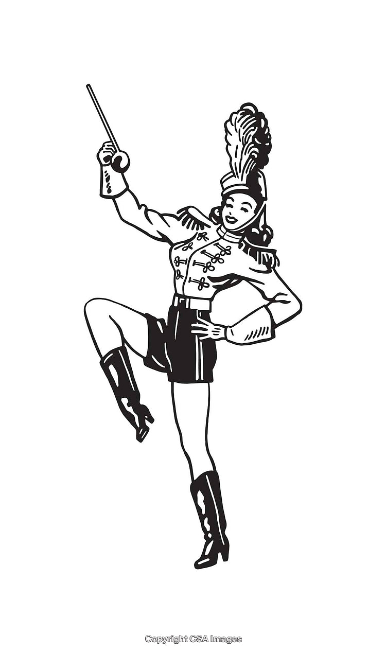 Vintage Drum Major Illustration in Dynamic Pose with Baton in Hand