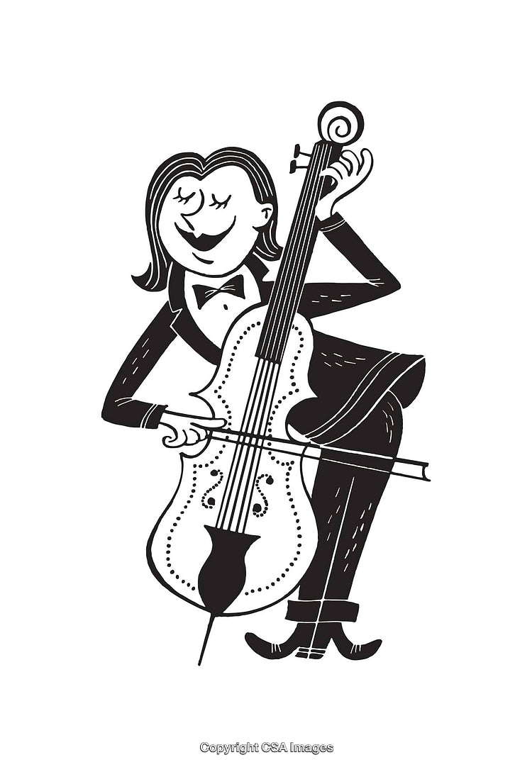Illustration of a Musician Playing a Cello in Black and White