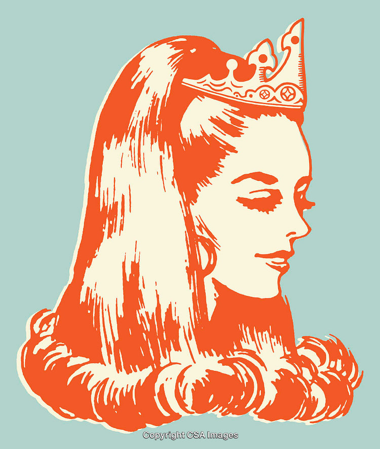 Vintage Illustration of a Crowned Woman in Retro Line Art Style