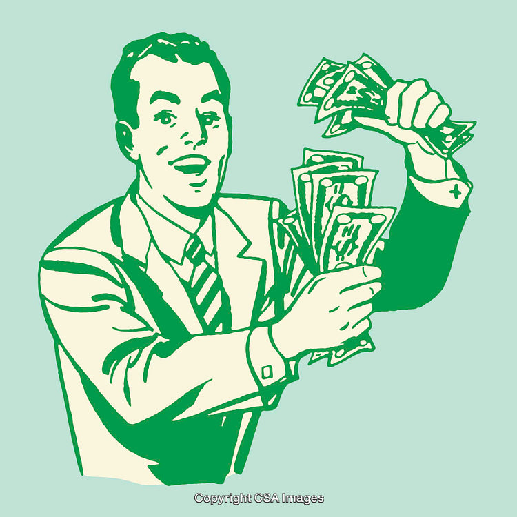 Retro Style Illustration of a Man Holding Dollar Bills Happily