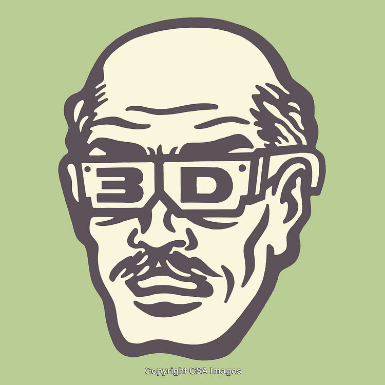 Retro Line Art Illustration of Man in 3D Glasses, Green Background