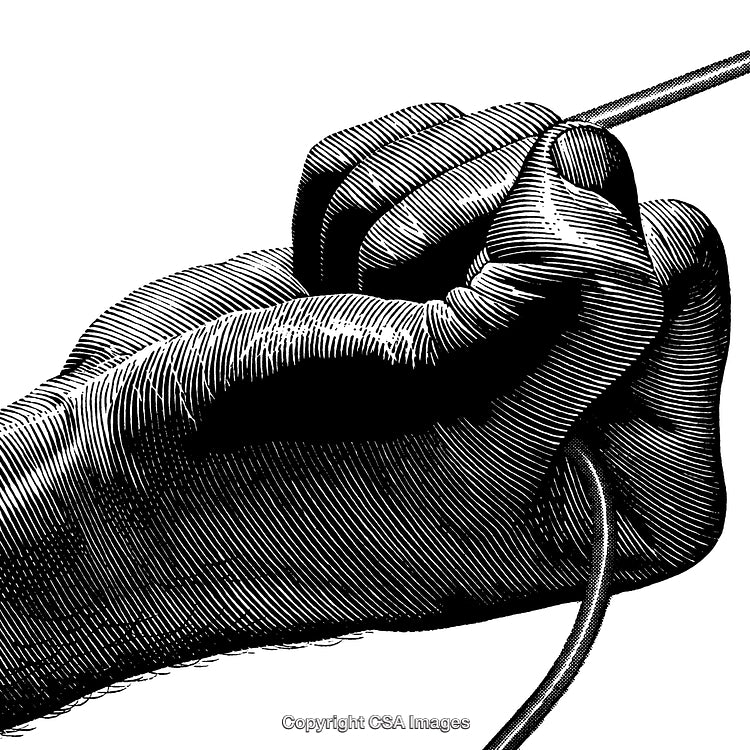 Detailed Black and White Engraved Illustration of a Hand Holding a Thin Rod