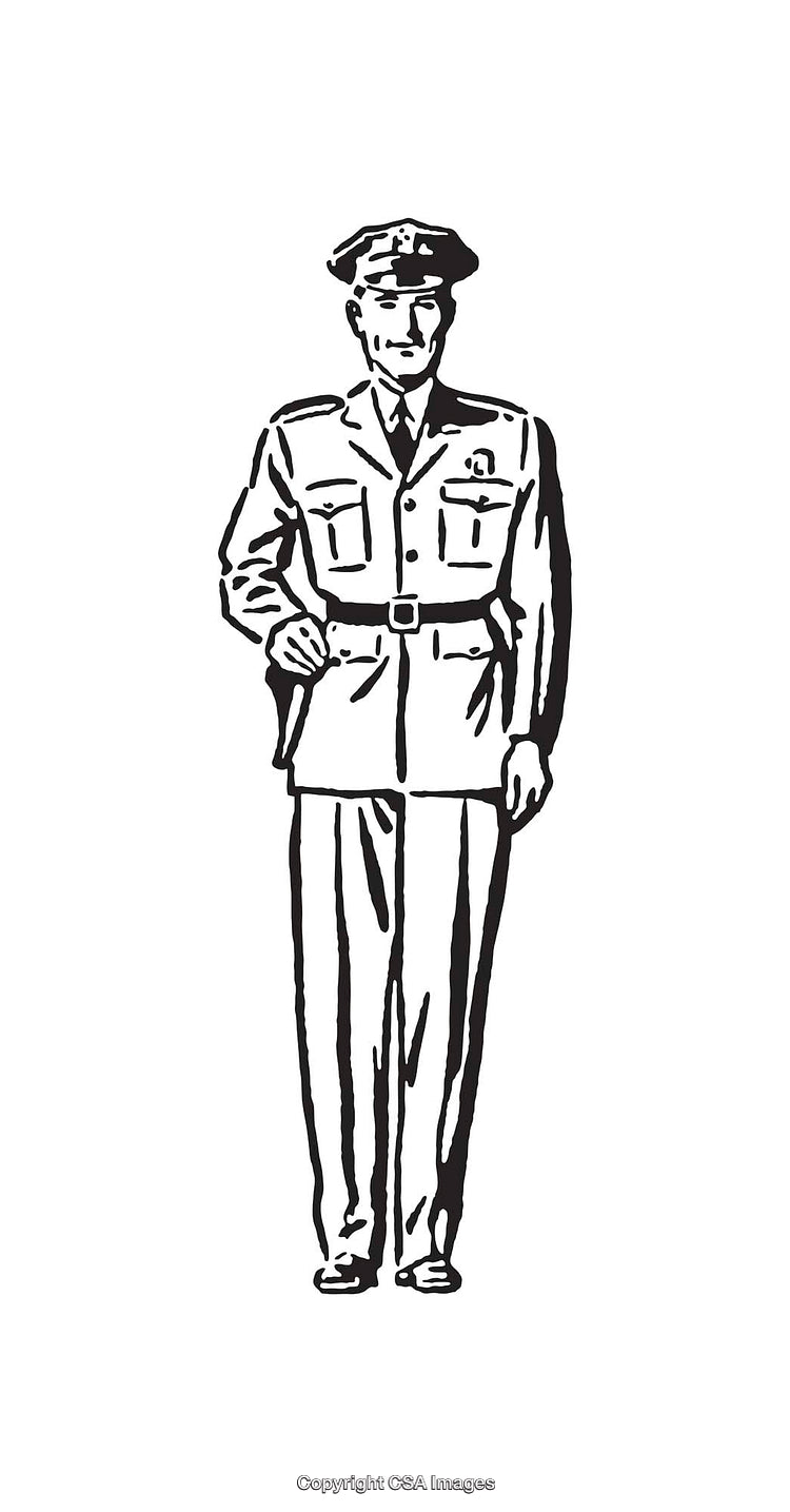 Black and White Line Art Illustration of Uniformed Officer