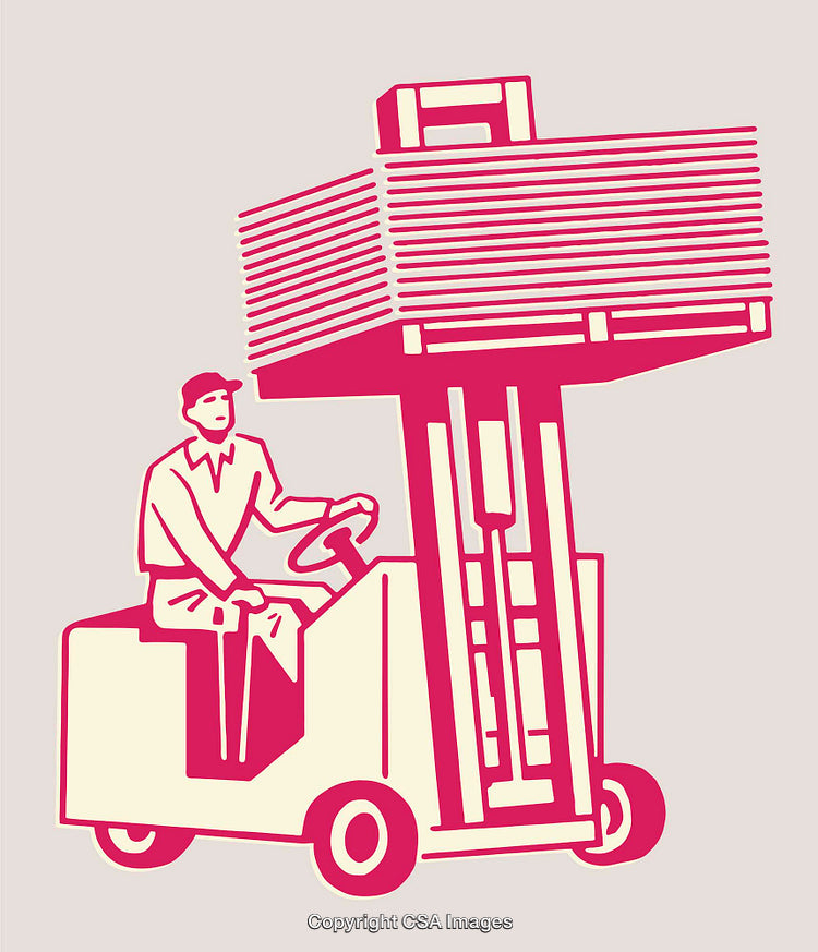 Worker Operating Forklift with Large Pallet in Line Art Style