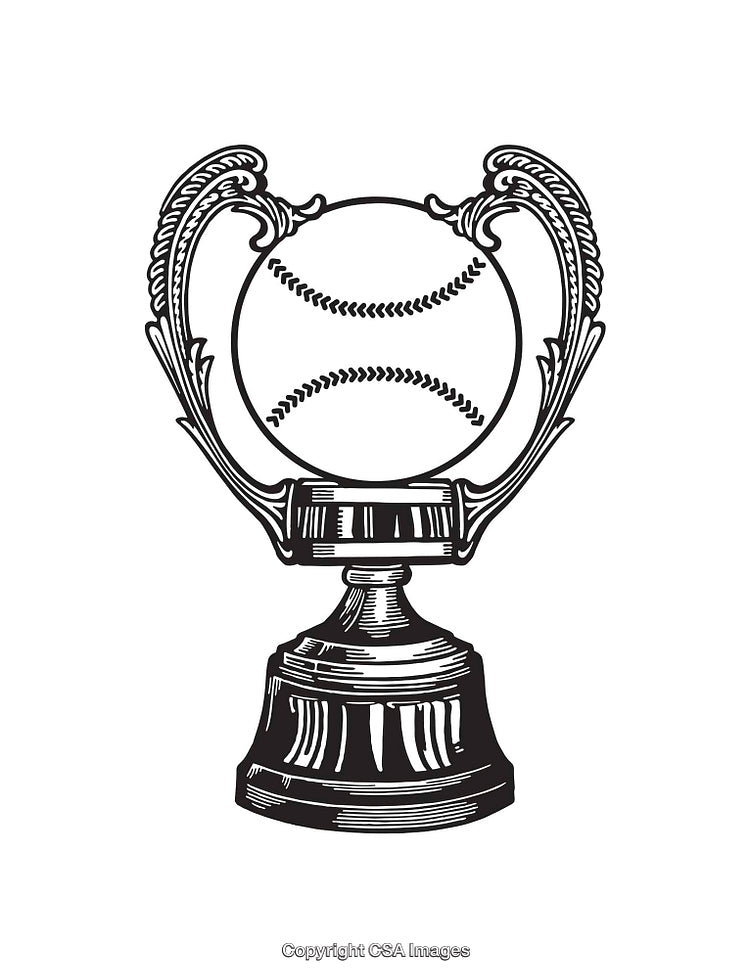 Vintage Black and White Line Art Baseball Trophy with Elegant Design