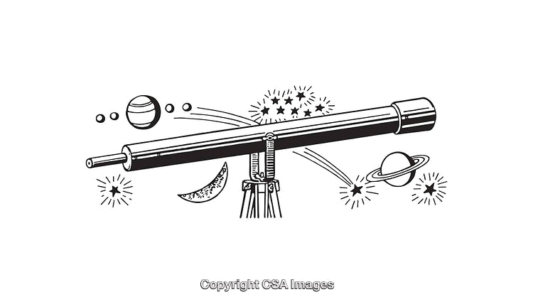 Black and White Line Art of Telescope with Astronomy Elements