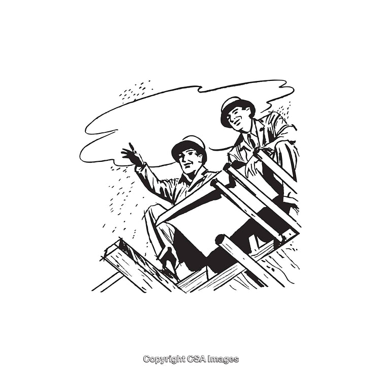 Black And White Illustration of Two People Discussing Plans on Construction Site