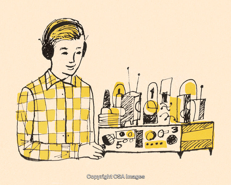 Young Person Listening to Radio with Electronic Equipment Illustration