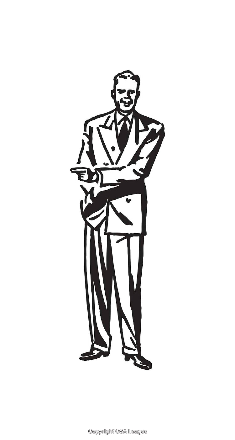 Retro Styled Illustration of a Businessman in Black and White Line Art