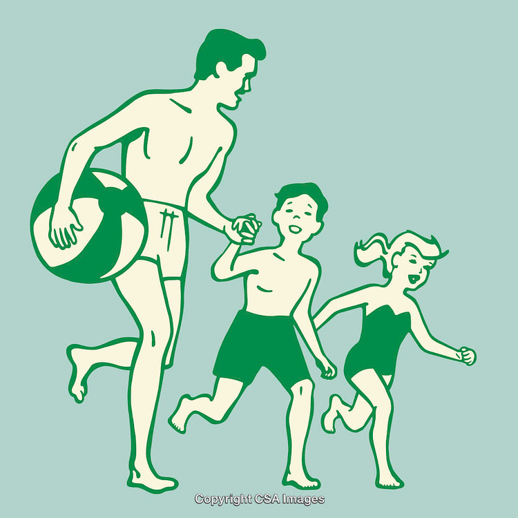 Vintage Beach Scene with Father and Children Holding a Ball