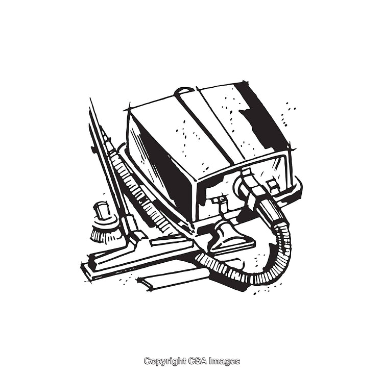 Vintage Line Art Illustration of a Canister Vacuum Cleaner and Accessories