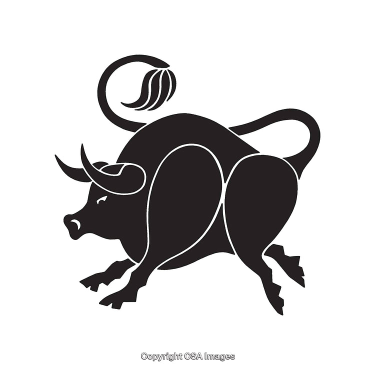Black and White Illustration of a Charging Bull with Horns