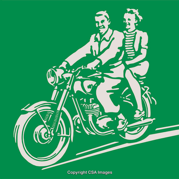 Retro Style Line Art Illustration of Two People Riding a Motorcycle
