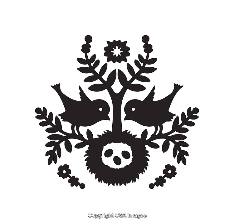 Vintage Black and White Bird and Nest Illustration with Floral Elements