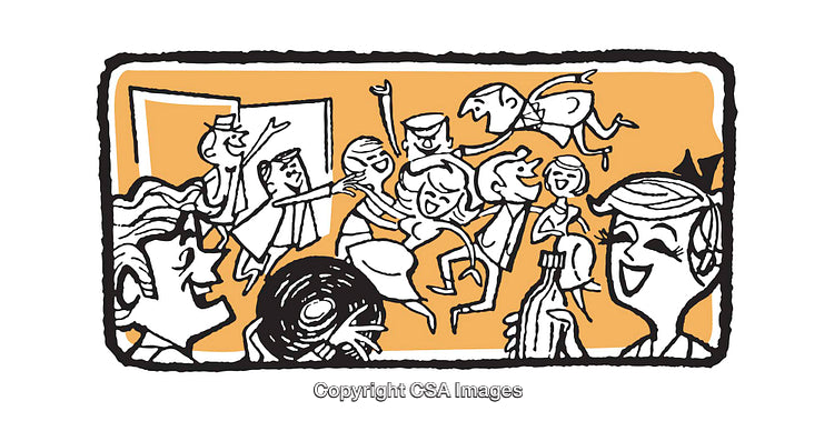 Retro-Style Party Illustration with Joyful Dancing Figures and Vintage Atmosphere