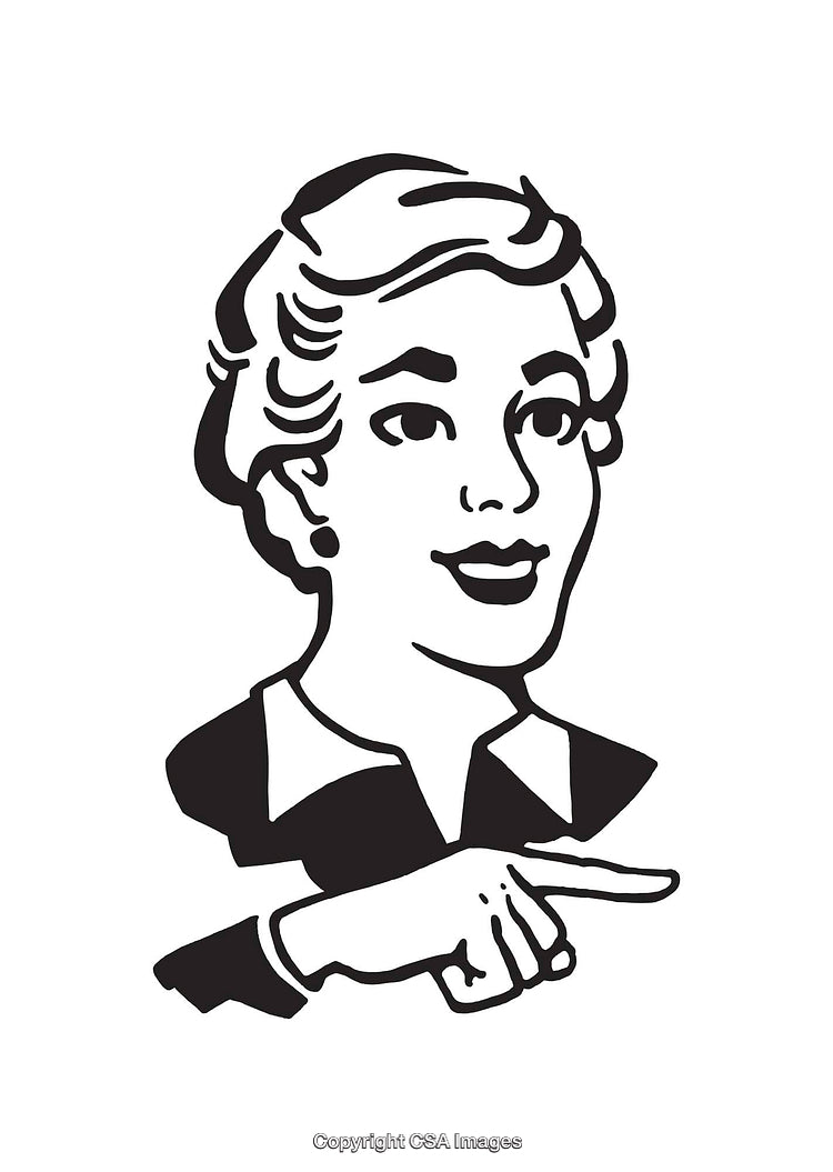 Retro Black and White Line Art Illustration of a Smiling Woman