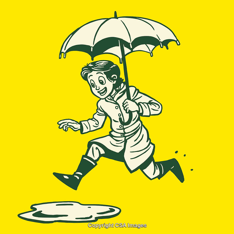 Retro Illustration of Smiling Character Jumping Over Puddle With Umbrella