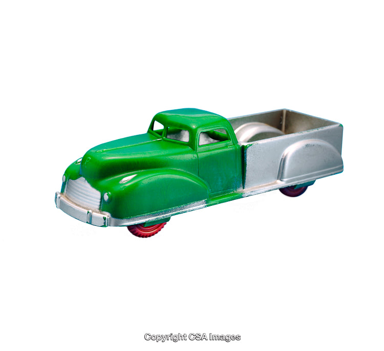 Vintage Green and Silver Plastic Pickup Truck Model on White Background