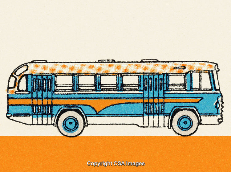 Vintage Blue and Orange Bus Illustration with Retro Design on Orange Background