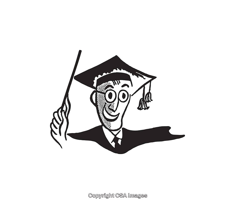 Black and White Cartoon of a Graduate in Cap and Gown Holding Pointer