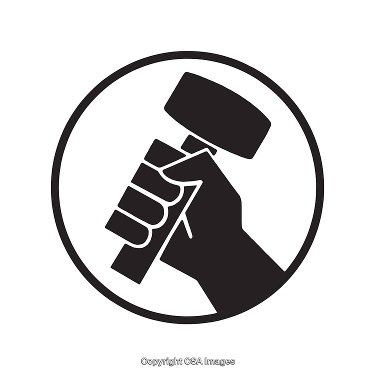 Hand Holding a Hammer Symbol in Black and White Line Art Design