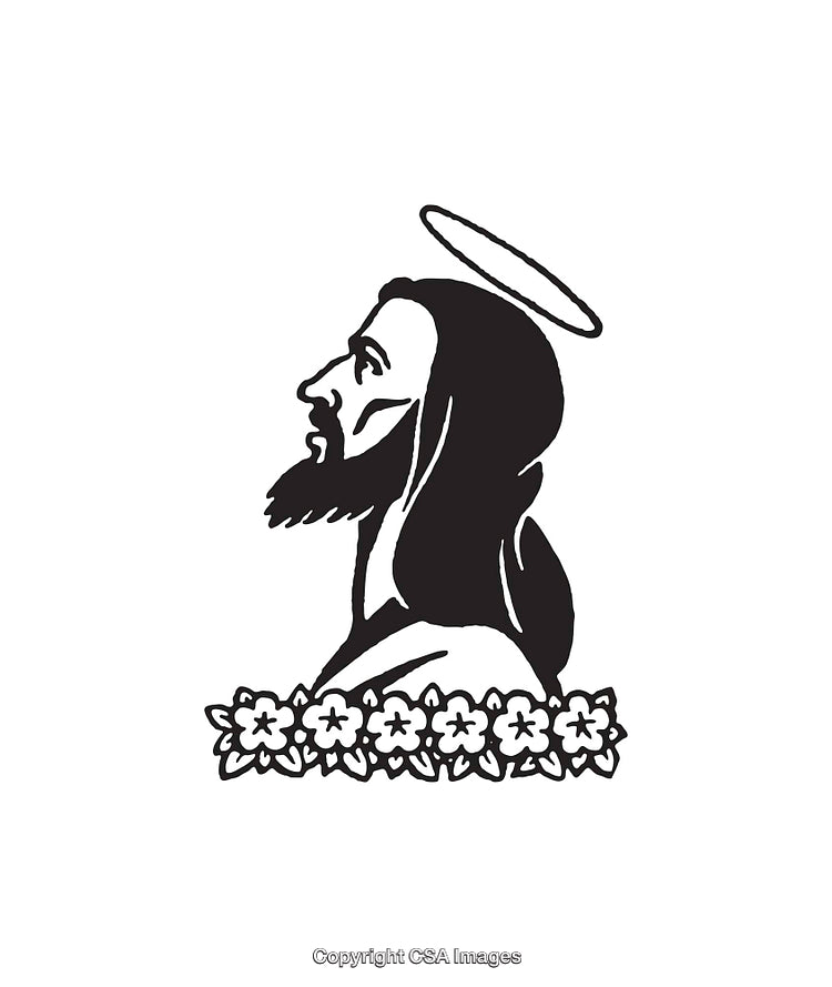 Black and White Line Art of Religious Icon with Halo and Flowers