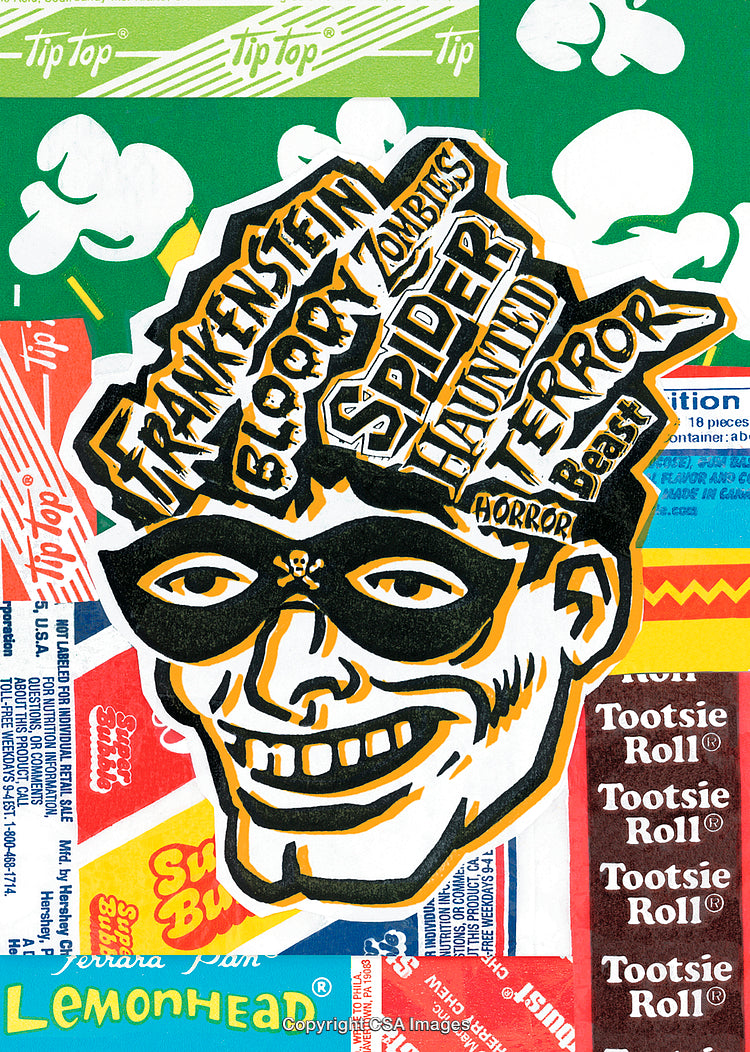 Colorful Collage Art Featuring Retro Halloween and Candy Themes