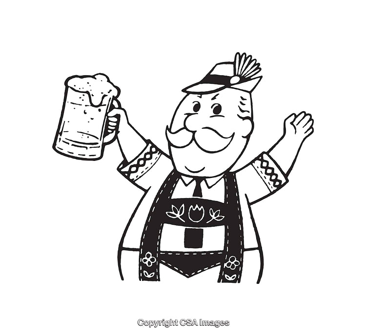 Cheerful Character in Traditional Attire Holding a Mug of Beer