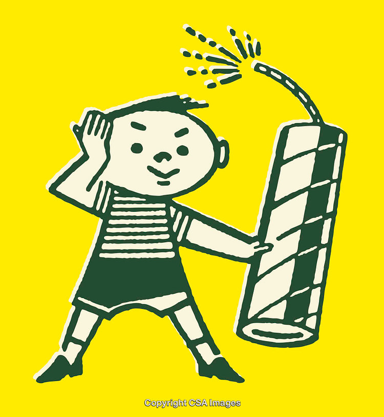 Vintage Style Illustration of Child with Firecrackers on Yellow Background