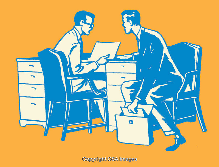 Two Professionals Discussing Work at a Desk in Retro Line Art Style