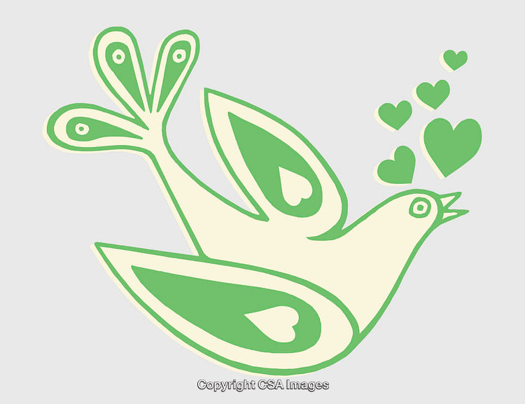 Whimsical Green Bird Illustration with Heart Accents in Modern Line Art