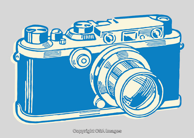 Vintage Style Blue Line Art Illustration of a Classic Camera
