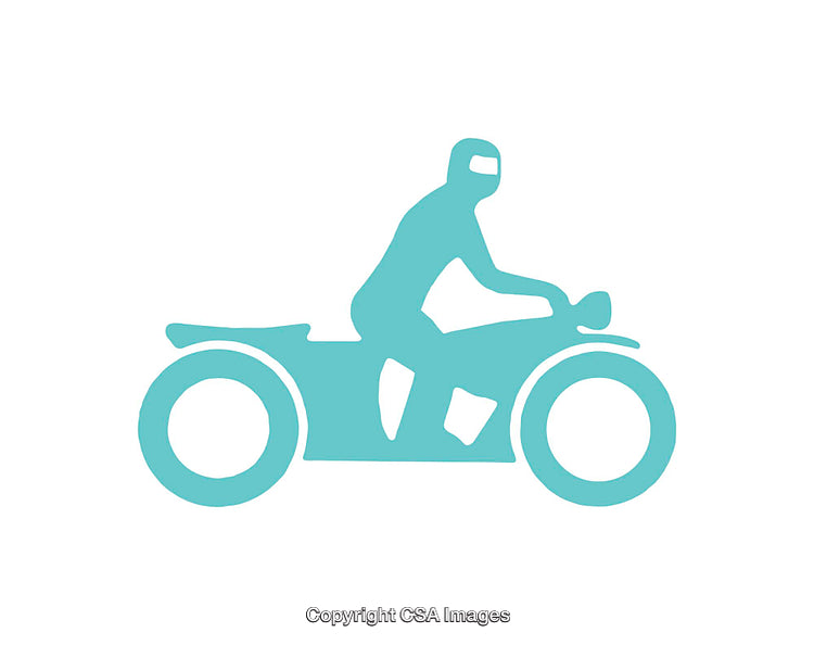 Silhouetted Icon of Motorcyclist in Teal on White Background