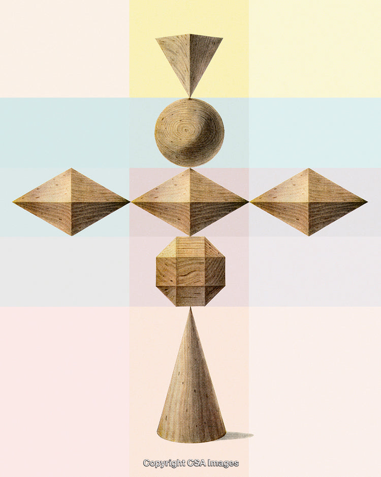 Geometric Wooden Shapes Displayed Against a Multicolor Checkered Background