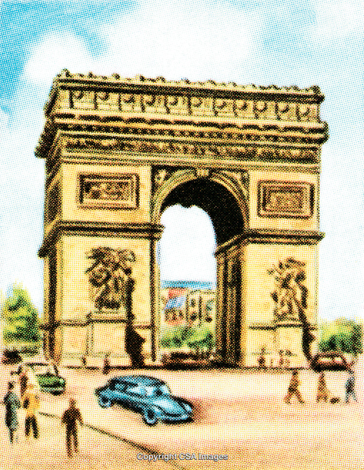 Vintage Illustration of the Arc de Triomphe in Paris with Historic Cars