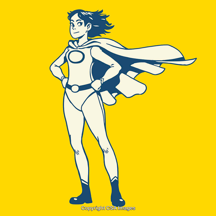Superhero Girl in Blue Costume on Yellow Background