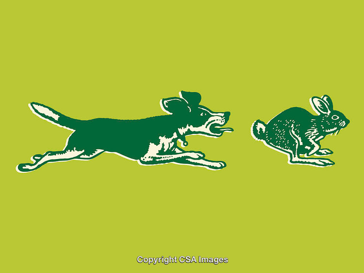 Vintage Illustration of a Dog Chasing a Rabbit in Line Art Style