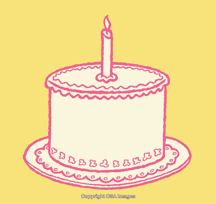 Pink Line Art Birthday Cake with Candle on Yellow Background