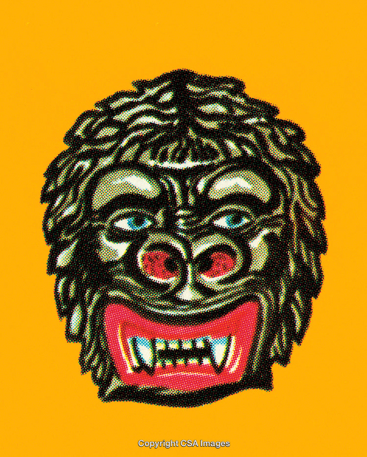 Illustration of a Fierce Werewolf Face Against a Bright Yellow Background