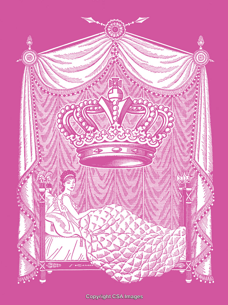 Elegant Illustration of a Queen in a Bed with Ornate Crown