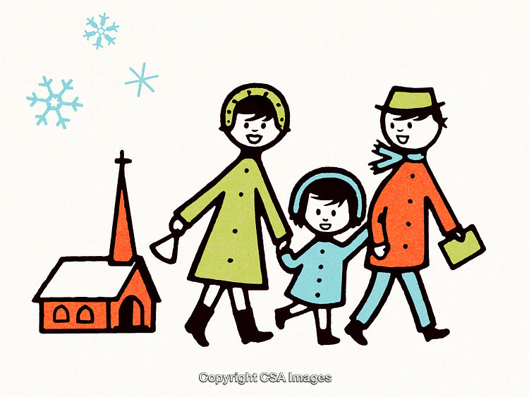 Winter Family Bonding Near Church With Festive Cheerful Atmosphere