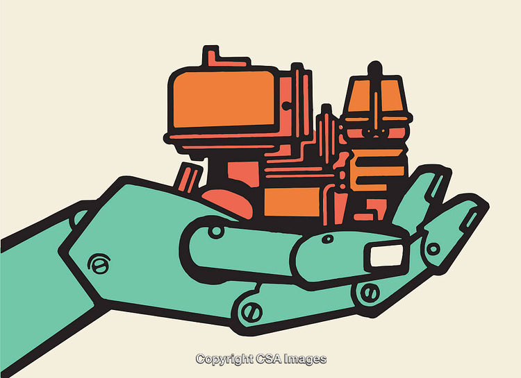 Robot Hand Holding a Machine in Line Art Illustration